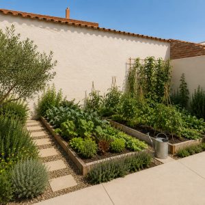 Huerto urbano con bancales de madera, olivo y vegetación mediterránea en el jardín de una vivienda en Madrid.