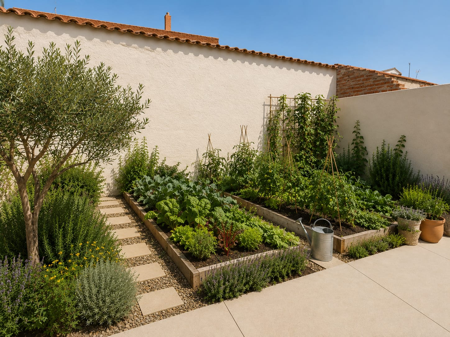 Huerto urbano con bancales de madera, olivo y vegetación mediterránea en el jardín de una vivienda en Madrid.