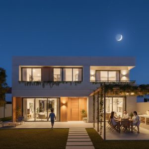 Render nocturno de fachada de vivienda unifamiliar con luces cálidas, pérgola de madera y jardín en Madrid.