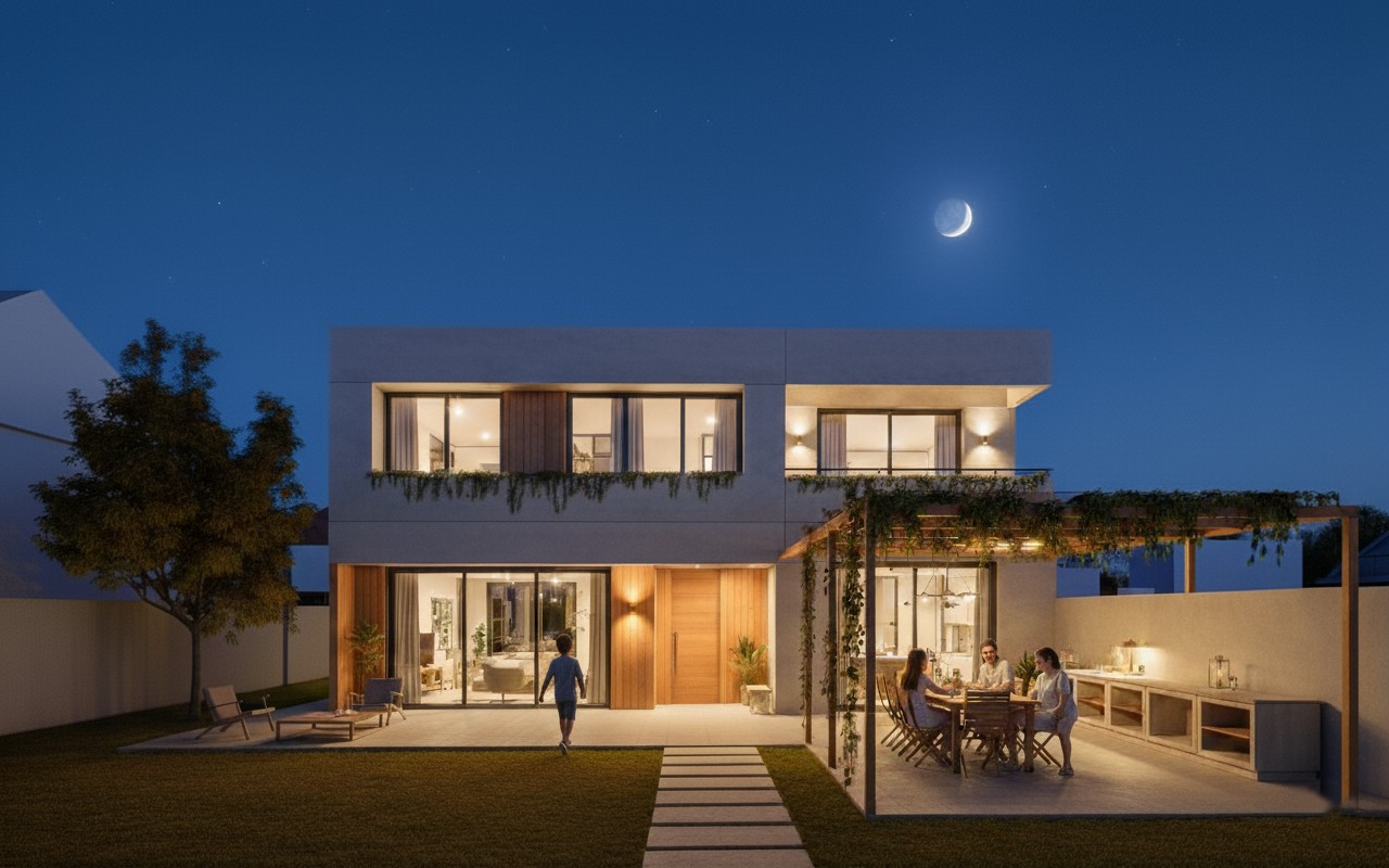 Render nocturno de fachada de vivienda unifamiliar con luces cálidas, pérgola de madera y jardín en Madrid.
