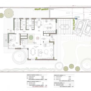 Plano técnico de distribución arquitectónica de planta baja para vivienda unifamiliar con salón, cocina, patio interior y pérgola, diseñado por Espacio Acorde en Madrid.