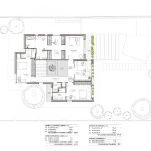 Plano de arquitectura técnica de la planta alta de una vivienda unifamiliar en Madrid, con dormitorio principal en suite, vestidor, dormitorios secundarios y espacio de estudio