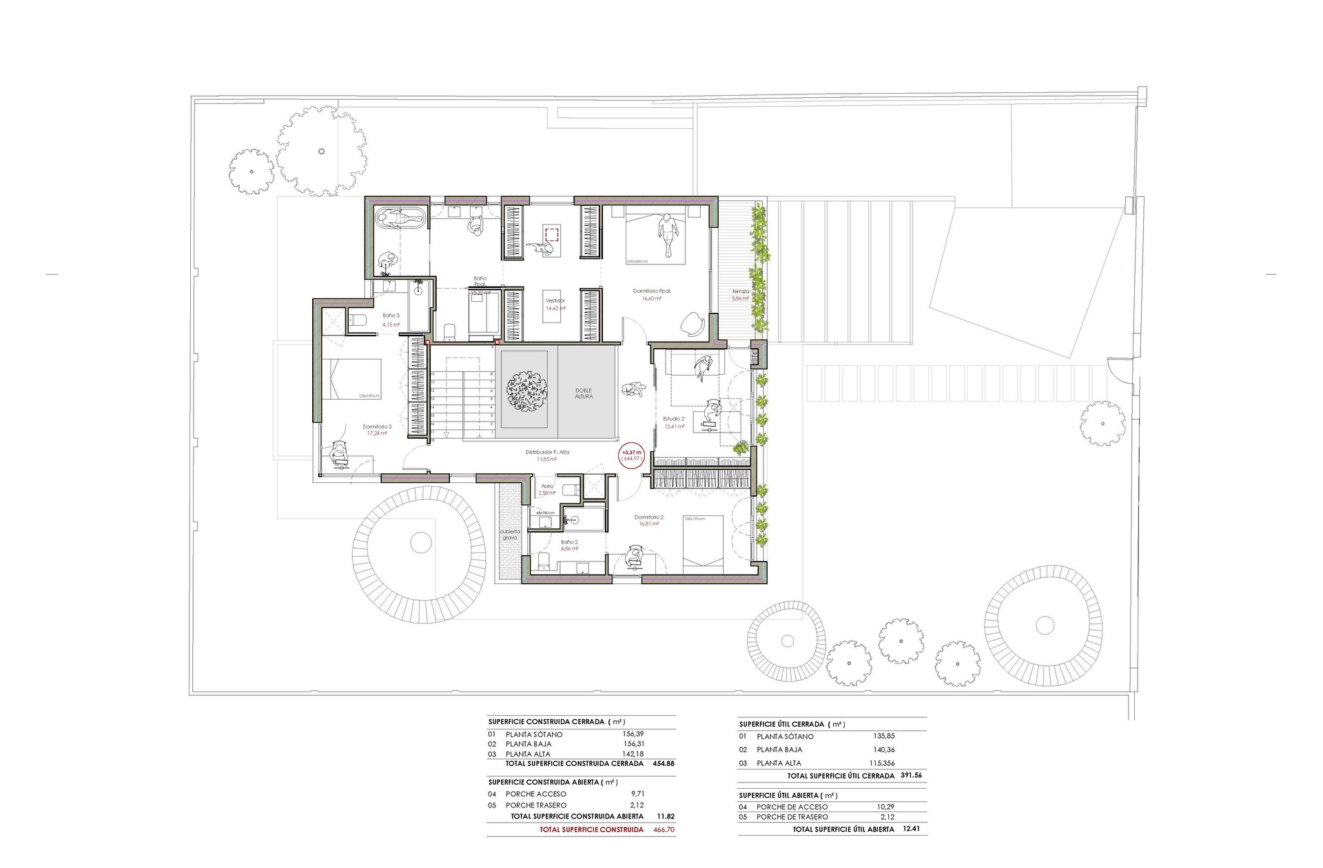 Plano de arquitectura técnica de la planta alta de una vivienda unifamiliar en Madrid, con dormitorio principal en suite, vestidor, dormitorios secundarios y espacio de estudio