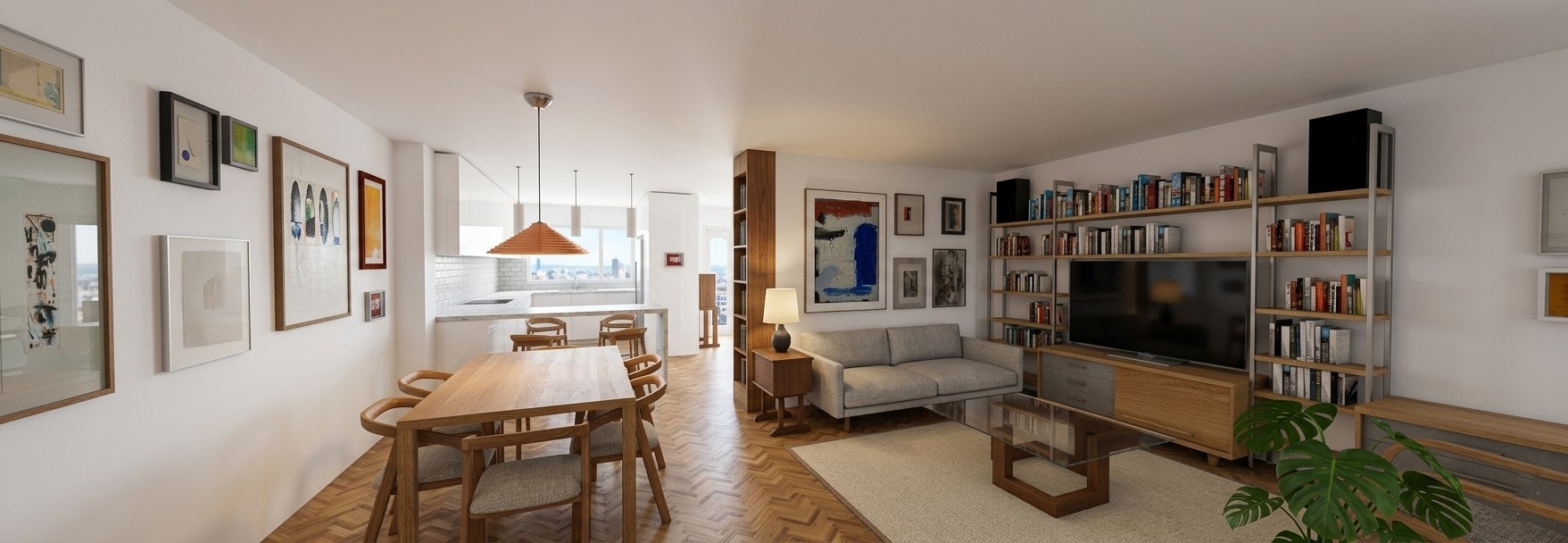 Vista panorámica del interior de una vivienda reformada en Alcalá Norte (Madrid), con zona de estar a la derecha provista de sofá gris y librería modular metálica, comedor central de madera y cocina blanca al fondo con iluminación natural, por Espacio Acorde.