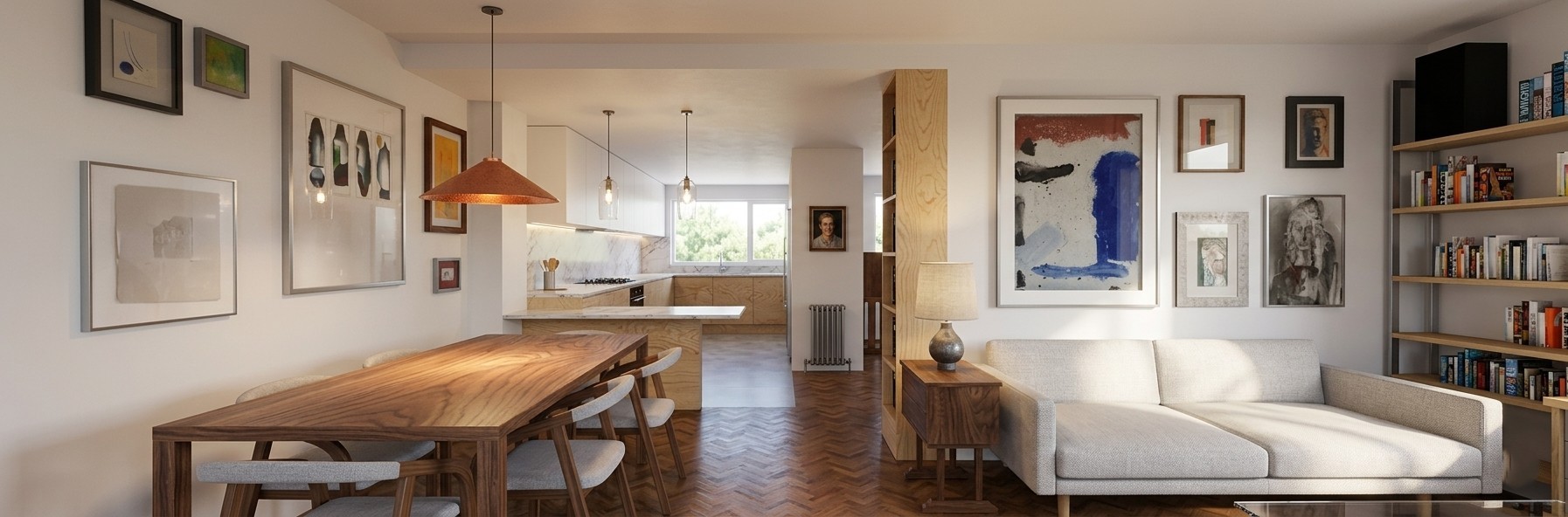 Vista de la zona de día de una vivienda en Alcalá Norte (Madrid), con comedor de madera a la izquierda, área de estar con sofá claro y cuadros a la derecha, columna librería en madera y cocina semiabierta al fondo con ventana exterior, por Espacio Acorde.