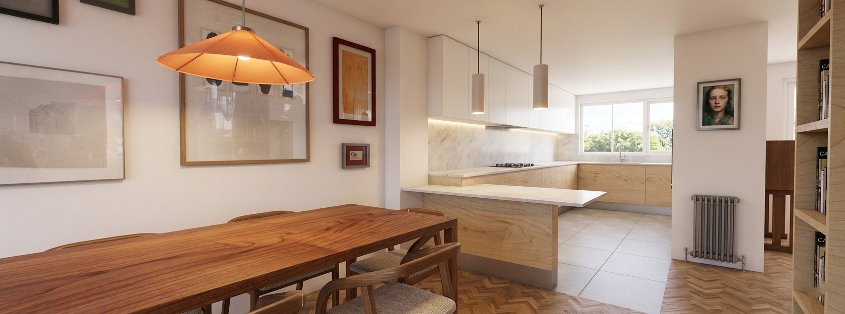 Vista diagonal de la zona de comedor con mesa de madera y lámpara cónica, junto a cocina semiabierta en L con península de mármol, armarios de madera y ventana exterior en piso de Alcalá Norte (Madrid), por Espacio Acorde.