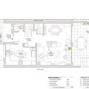 Plano técnico de distribución del estado inicial previo a la reforma en Alcalá Norte, Madrid. Se detallaporche de acceso, cocina, salón-comedor, terraza y cuadro de superficies con $253,52\text{ m}^2$ construidos totales, por Espacio Acorde.