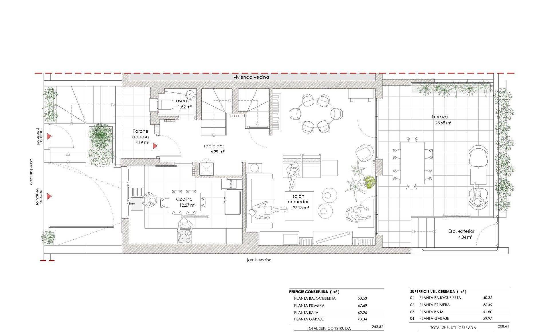 Plano técnico de distribución del estado inicial previo a la reforma en Alcalá Norte, Madrid. Se detallaporche de acceso, cocina, salón-comedor, terraza y cuadro de superficies con $253,52\text{ m}^2$ construidos totales, por Espacio Acorde.