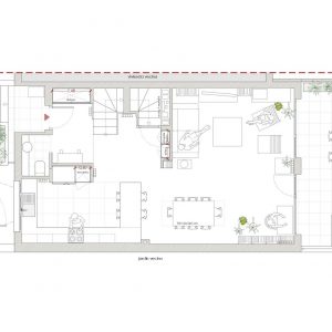 Plano técnico de la propuesta de reforma para la planta baja en Madrid, detallando accesos, aseo, armarios integrados, cocina en U con barra, salón-comedor amplio y salida a terraza exterior, por Espacio Acorde.