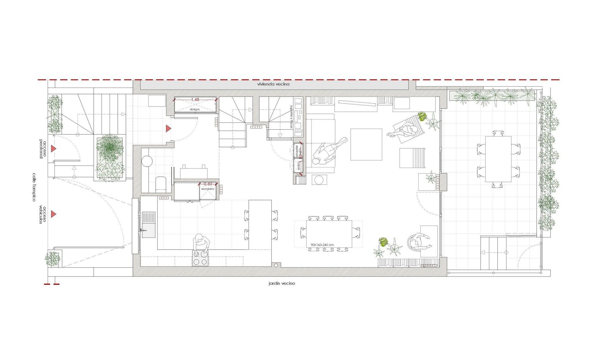 Plano técnico de la propuesta de reforma para la planta baja en Madrid, detallando accesos, aseo, armarios integrados, cocina en U con barra, salón-comedor amplio y salida a terraza exterior, por Espacio Acorde.