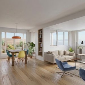 Vista de salón-comedor diáfano en piso reformado en Madrid, con suelo de madera, grandes ventanales, estantería empotrada y muebles contemporáneos, por Espacio Acorde.