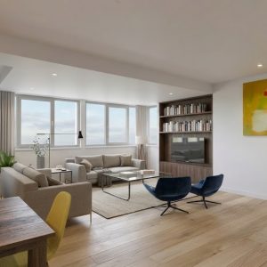 Vista de salón reformado en Madrid con estanterías integradas de madera a medida, sofás contemporáneos frente a grandes ventanas y suelo de madera clara, por Espacio Acorde.