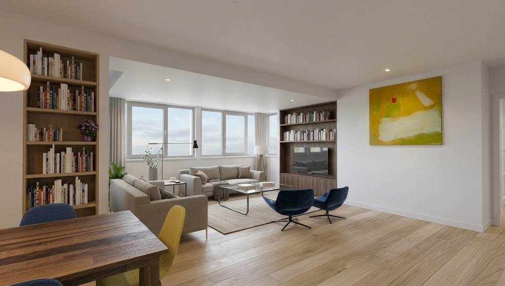 Vista de salón reformado en Madrid con estanterías integradas de madera a medida, sofás contemporáneos frente a grandes ventanas y suelo de madera clara, por Espacio Acorde.