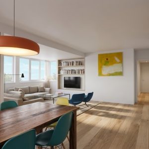 Vista general de zona de día diáfana en piso reformado en Madrid, con mesa de madera, sillas de diseño, librería empotrada y salón al fondo, por Espacio Acorde.