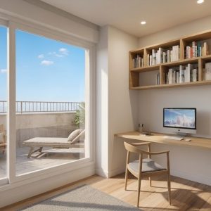 Fotografía de rincón de estudio en piso reformado en Madrid, con escritorio y estantería de madera a medida, gran ventanal y acceso a terraza, por Espacio Acorde.