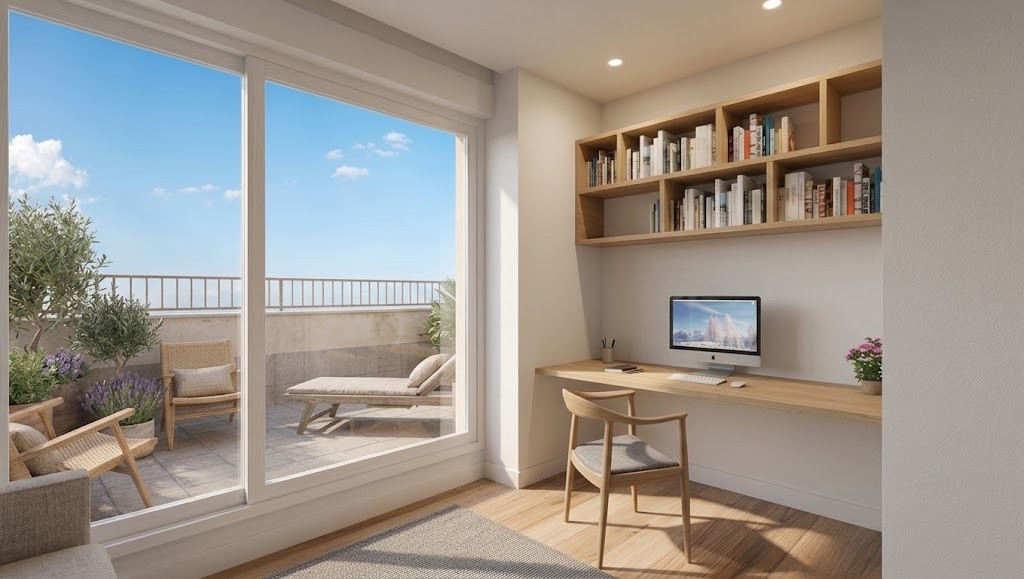 Fotografía de rincón de estudio en piso reformado en Madrid, con escritorio y estantería de madera a medida, gran ventanal y acceso a terraza, por Espacio Acorde.