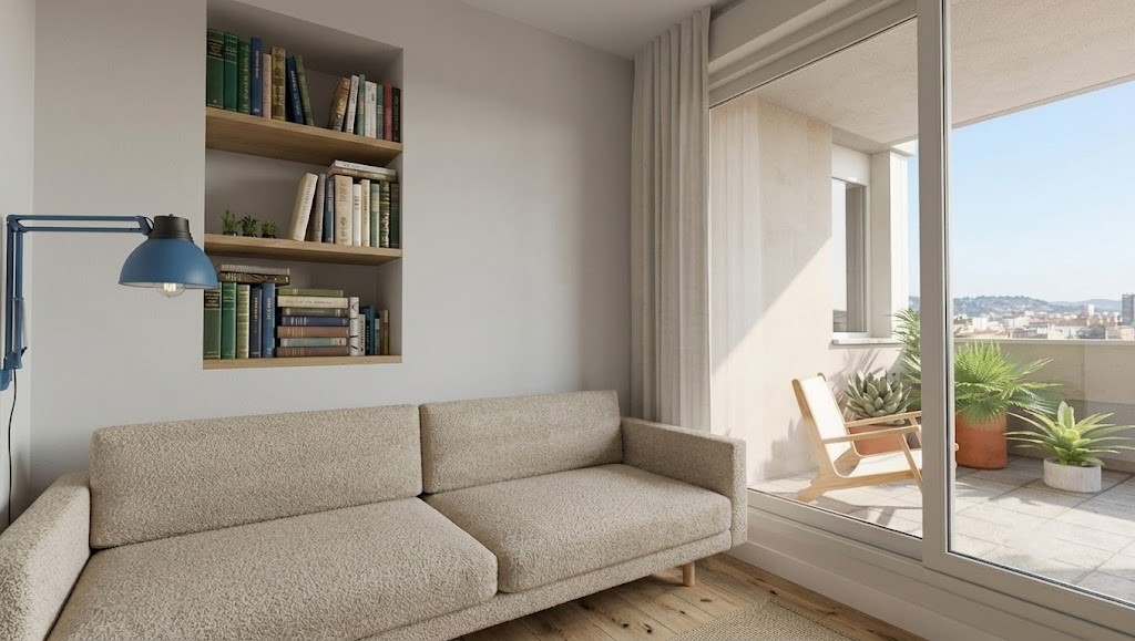 Fotografía de zona de estar en piso reformado en Madrid, con sofá neutro, librería empotrada en pared, aplique de lectura y terraza soleada al fondo, por Espacio Acorde.