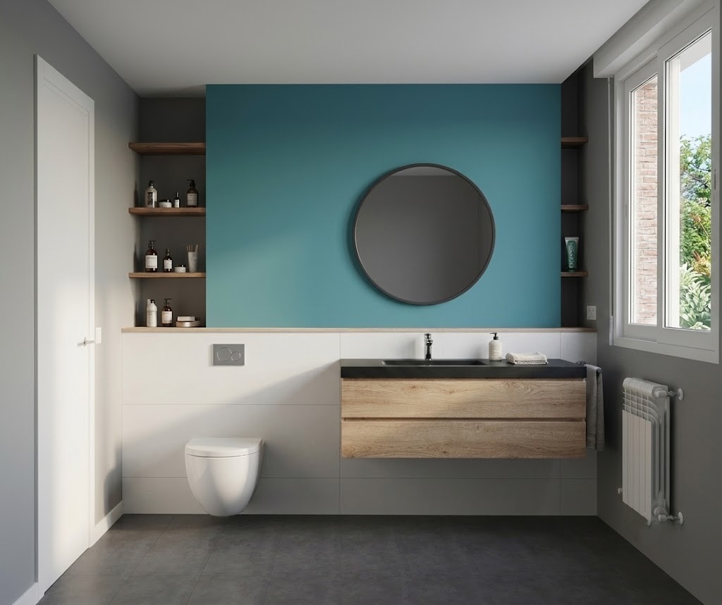 Vista frontal de baño reformado en Madrid con pared azul, espejo redondo, inodoro suspendido y mueble de lavabo de madera volado, por Espacio Acorde.