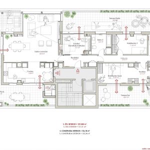 Plano de propuesta de redistribución para ático en Madrid con zonificación de salón-comedor, tres dormitorios, estudio, vestidor y conexión a tres terrazas, por Espacio Acorde.