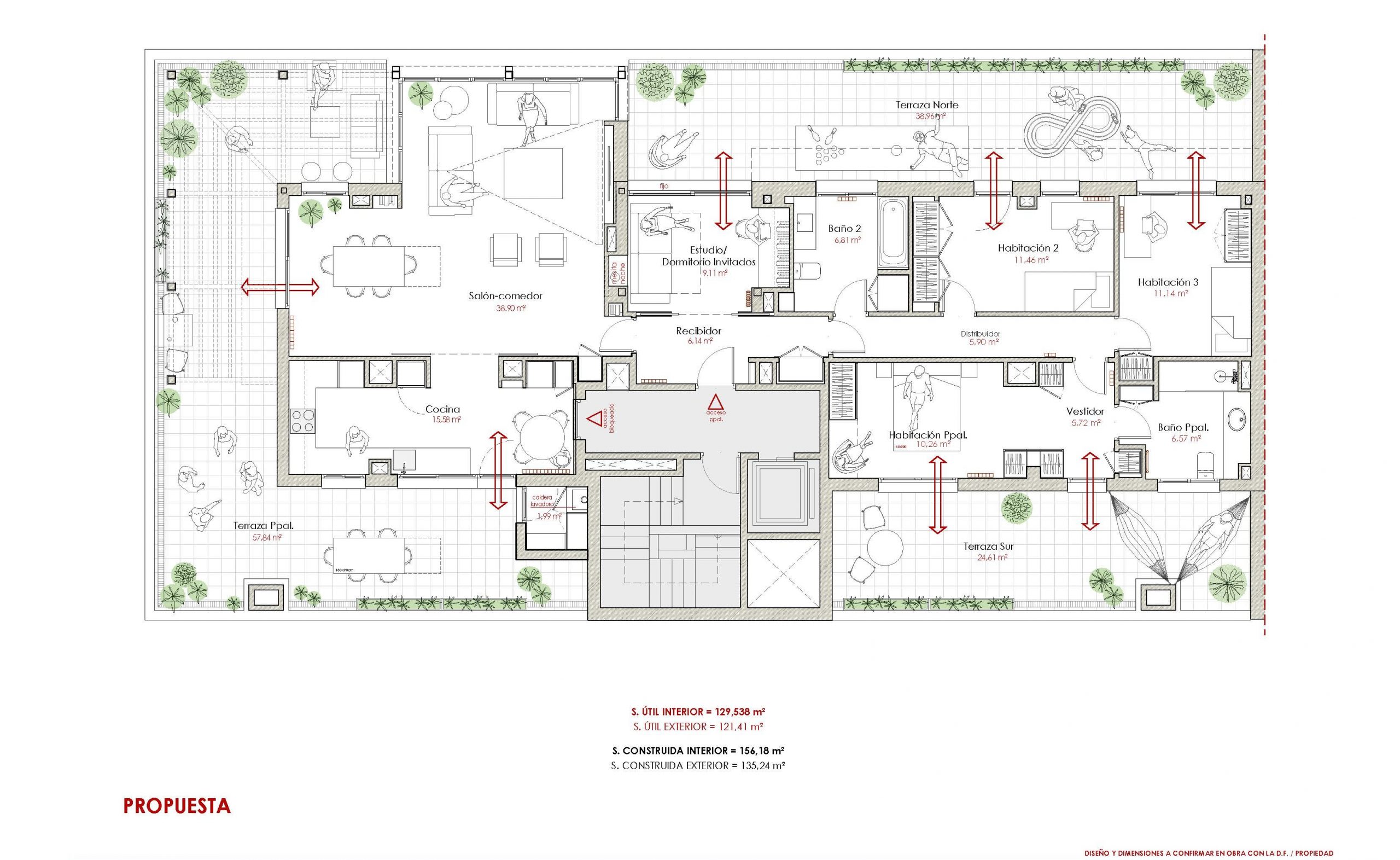 Plano de propuesta de redistribución para ático en Madrid con zonificación de salón-comedor, tres dormitorios, estudio, vestidor y conexión a tres terrazas, por Espacio Acorde.